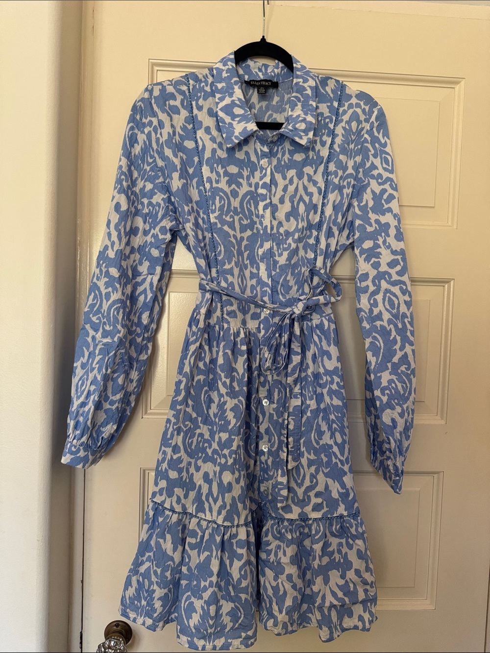 Ellen Tracy Blue and White Printed Long-Sleeve Shirt Dress